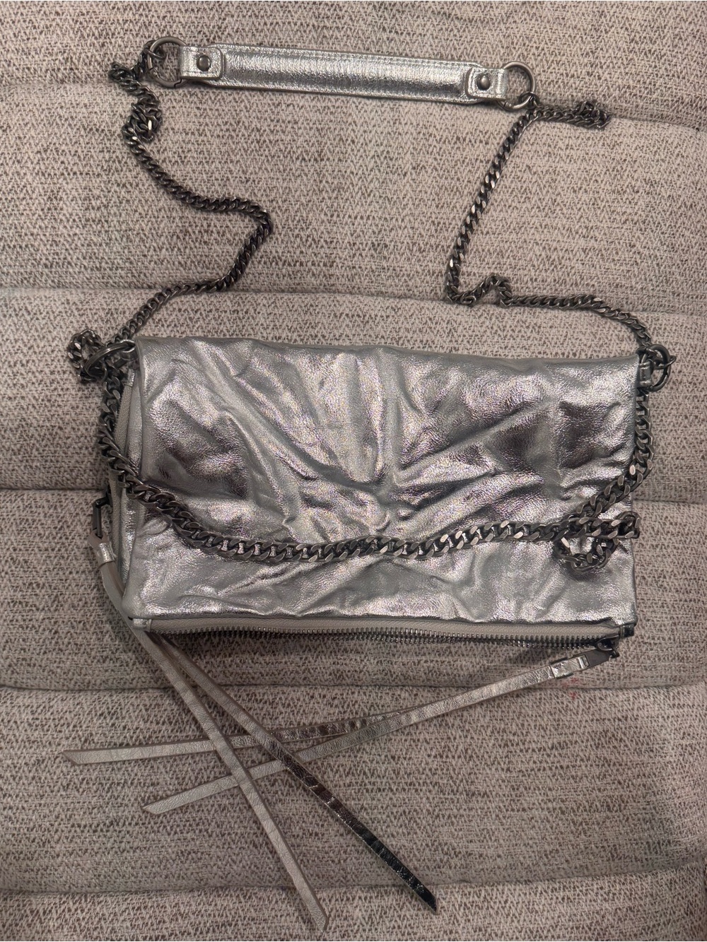 Zara Metallic Silver Chain-Handle Foldover Crossbody Bag